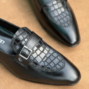 Men's Jet Black Cow Leather Croc Strap Loafer