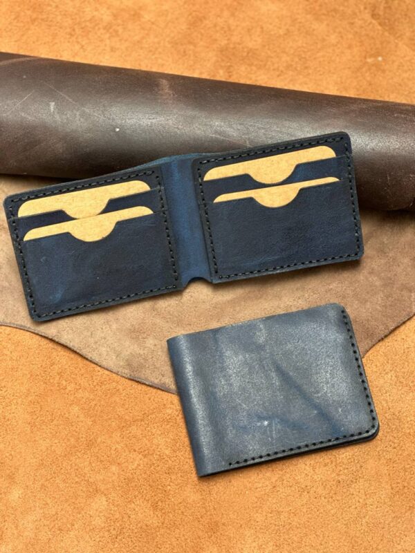 Pure Cow Oil Pull-up Leather Deep-Blue Bi-Fold Wallet