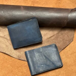 Pure Cow Oil Pull-up Leather Deep-Blue Bi-Fold Wallet