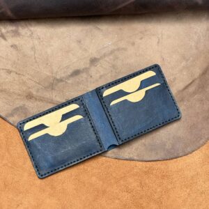 Pure Cow Oil Pull-up Leather Deep-Blue Bi-Fold Wallet