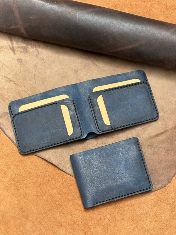 Pure Cow Oil Pull-up Leather Deep-Blue Bi-Fold Wallet