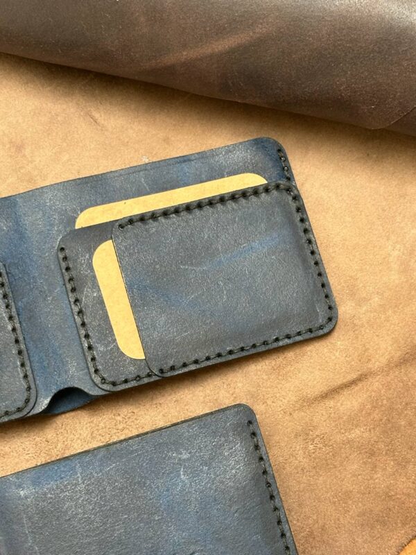 Pure Cow Oil Pull-up Leather Deep-Blue Bi-Fold Wallet - Image 3