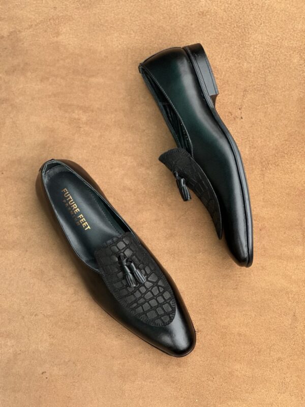 Men's Jet Black Cow Leather Croc Tassel Loafer - Image 4