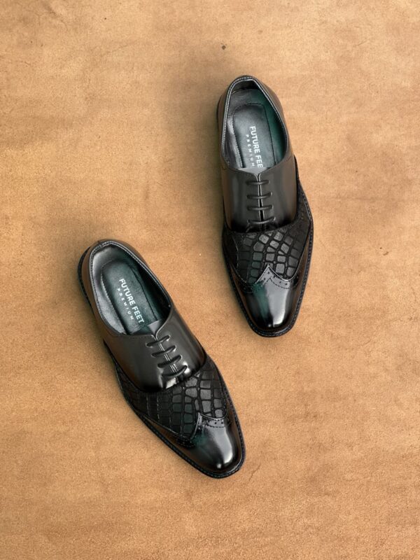 Men's High Gloss Gray + Crocodile Black Cow Leather Oxford Brogue Shoe - Image 4