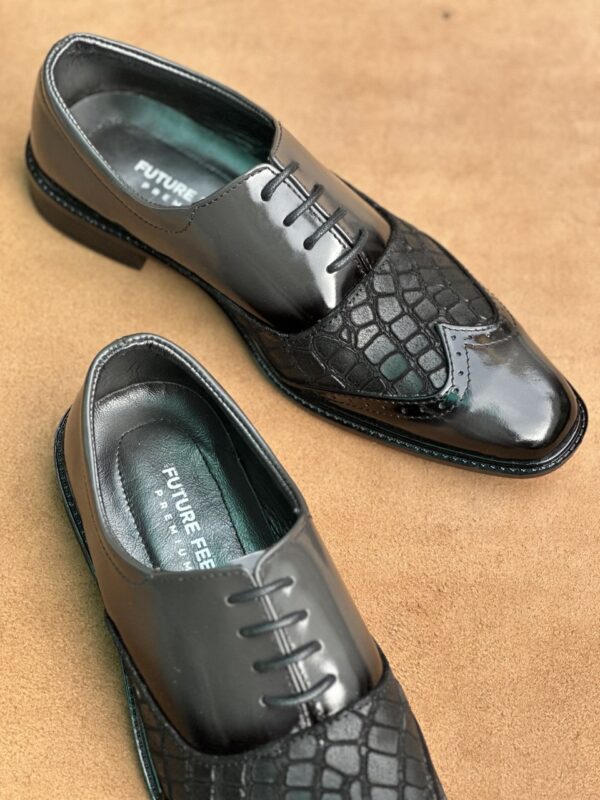 Men's High Gloss Gray + Crocodile Black Cow Leather Oxford Brogue Shoe - Image 2