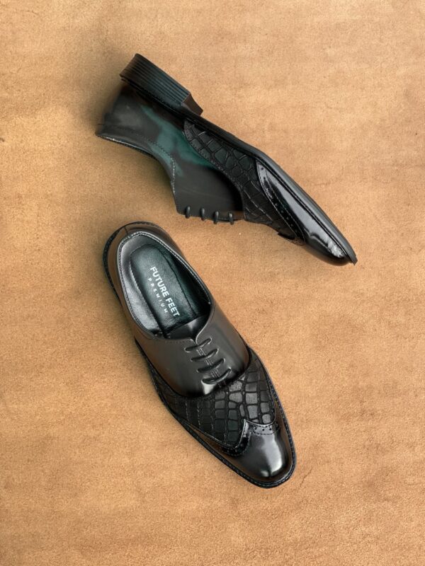 Men's High Gloss Gray + Crocodile Black Cow Leather Oxford Brogue Shoe - Image 5