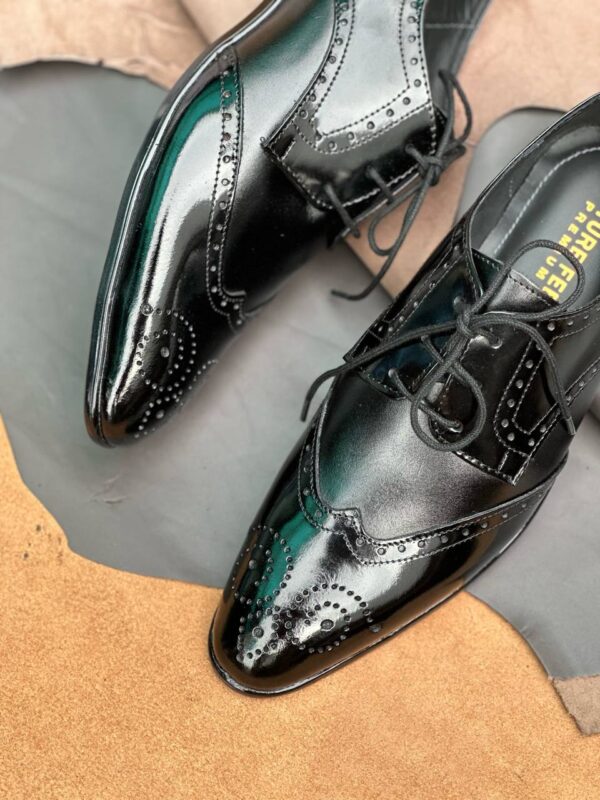 Men's High Gloss + Matte Black Cow Leather Oxford Brogue Shoe - Image 2