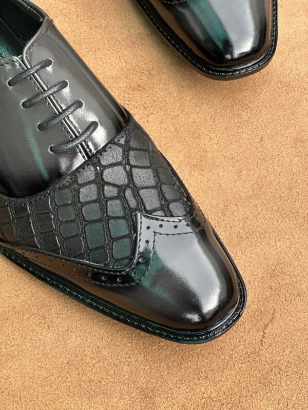 Men's High Gloss Gray + Crocodile Black Cow Leather Oxford Brogue Shoe - Image 6