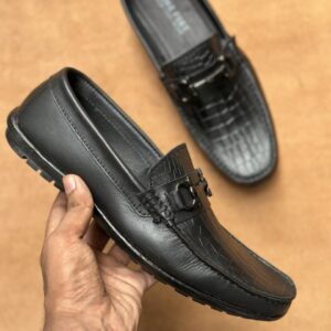 Men’s Jet Black Cow Leather Crocodile Embossed Casual Loafer