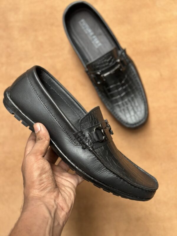 Men's Jet Black Cow Leather Crocodile Embossed Casual Loafer - Image 2