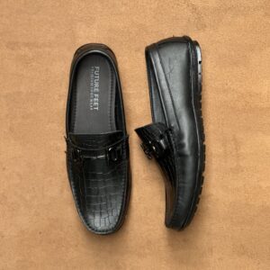 Men’s Jet Black Cow Leather Crocodile Embossed Casual Loafer