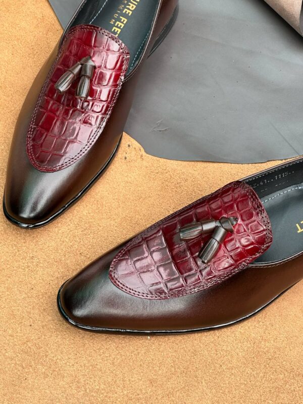 Men's Dark Ruby Cow Leather Crocodile Embossed Tassel Loafer - Image 4