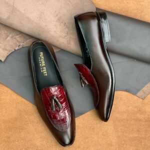 Men’s Dark Ruby Cow Leather Crocodile Embossed Tassel Loafer