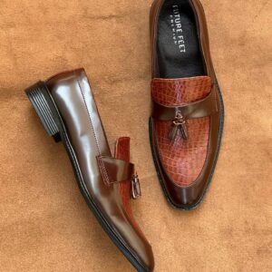Men’s Synthetic Gloss Brown Croc Tassel Loafer