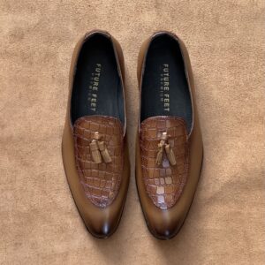 Men’s Two-Toned Tan Cow Leather Croc Tassel Loafer