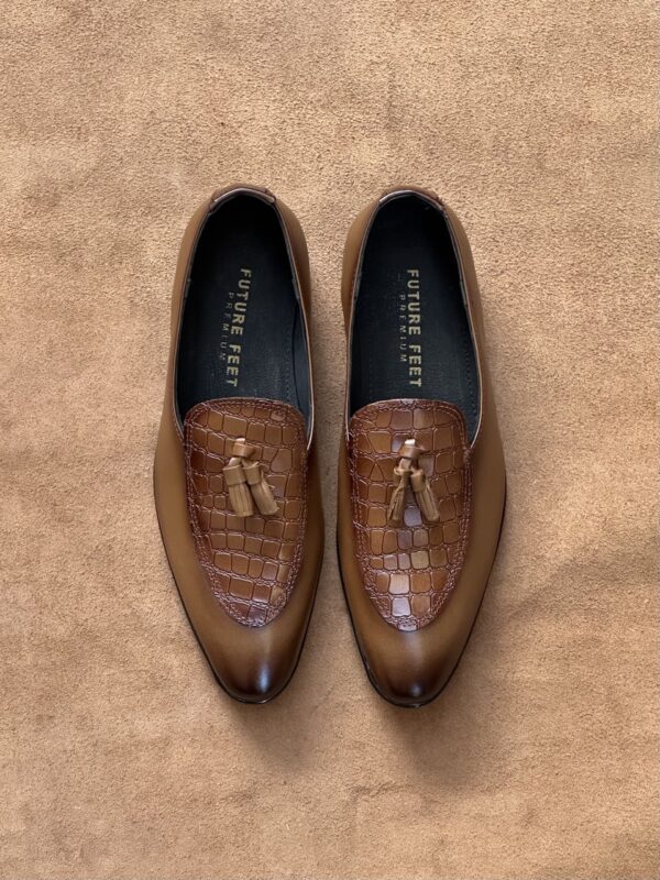 Men's Two-Toned Tan Cow Leather Croc Tassel Loafer