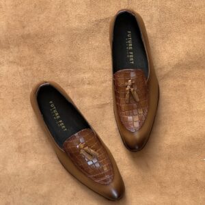 Men’s Two-Toned Tan Cow Leather Croc Tassel Loafer