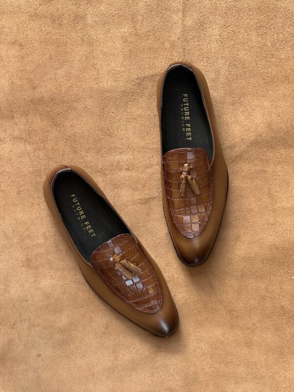 Men's Two-Toned Tan Cow Leather Croc Tassel Loafer - Image 2