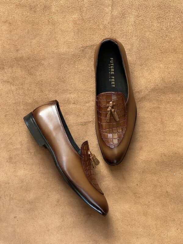 Men's Two-Toned Tan Cow Leather Croc Tassel Loafer - Image 3