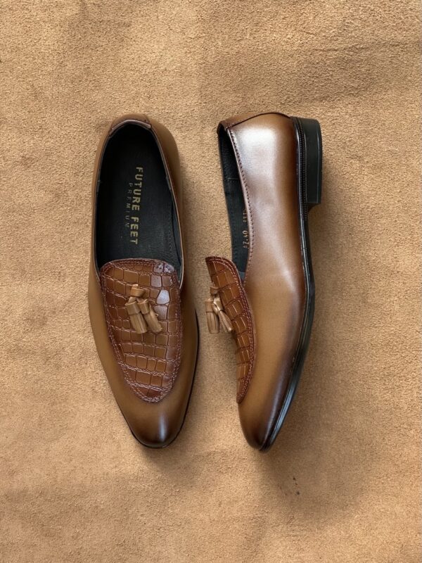 Men's Two-Toned Tan Cow Leather Croc Tassel Loafer - Image 4